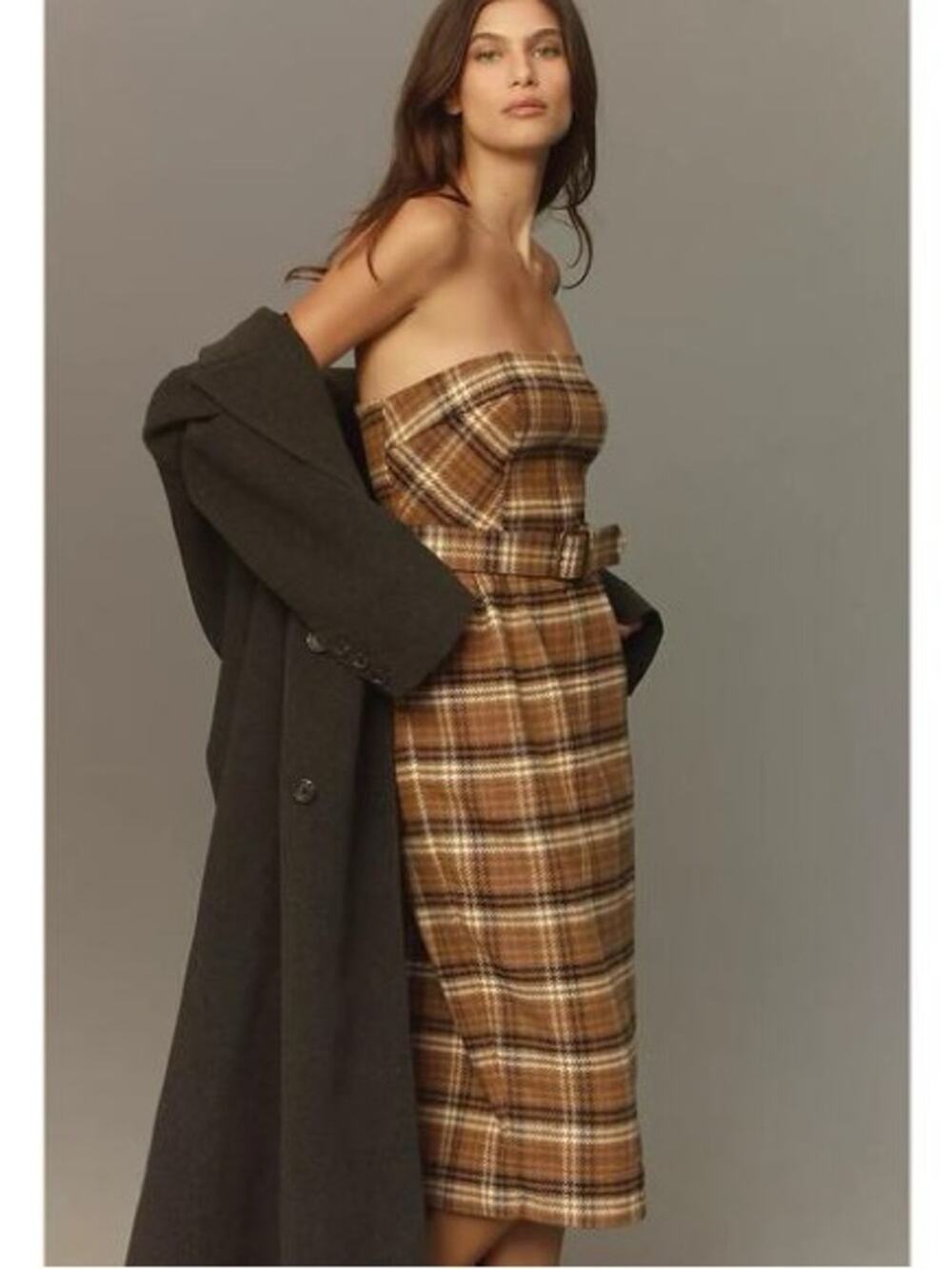 By Anthropologie Women’s Fitted Brown Plaid Belted Strapless Wool Midi Dress 10